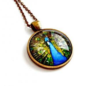Blue Peacock Necklace: Picture Pendant. Art..