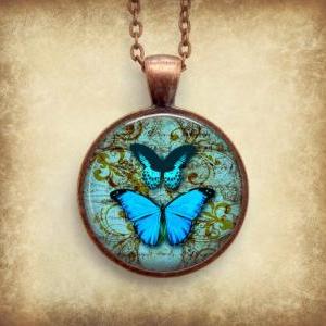 Blue Butterfly Necklace: Picture Pendant. Art..