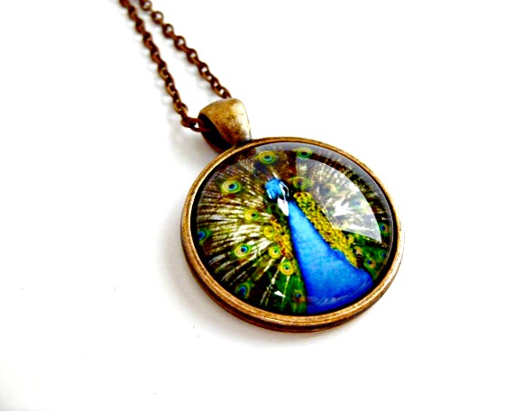 Blue Peacock Necklace: Picture Pendant. Art Pendant. Handmade By Lizabettas