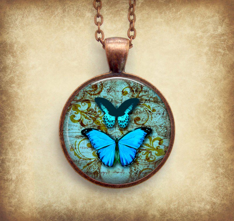 Blue Butterfly Necklace: Picture Pendant. Art Pendant. Handmade By Lizabettas